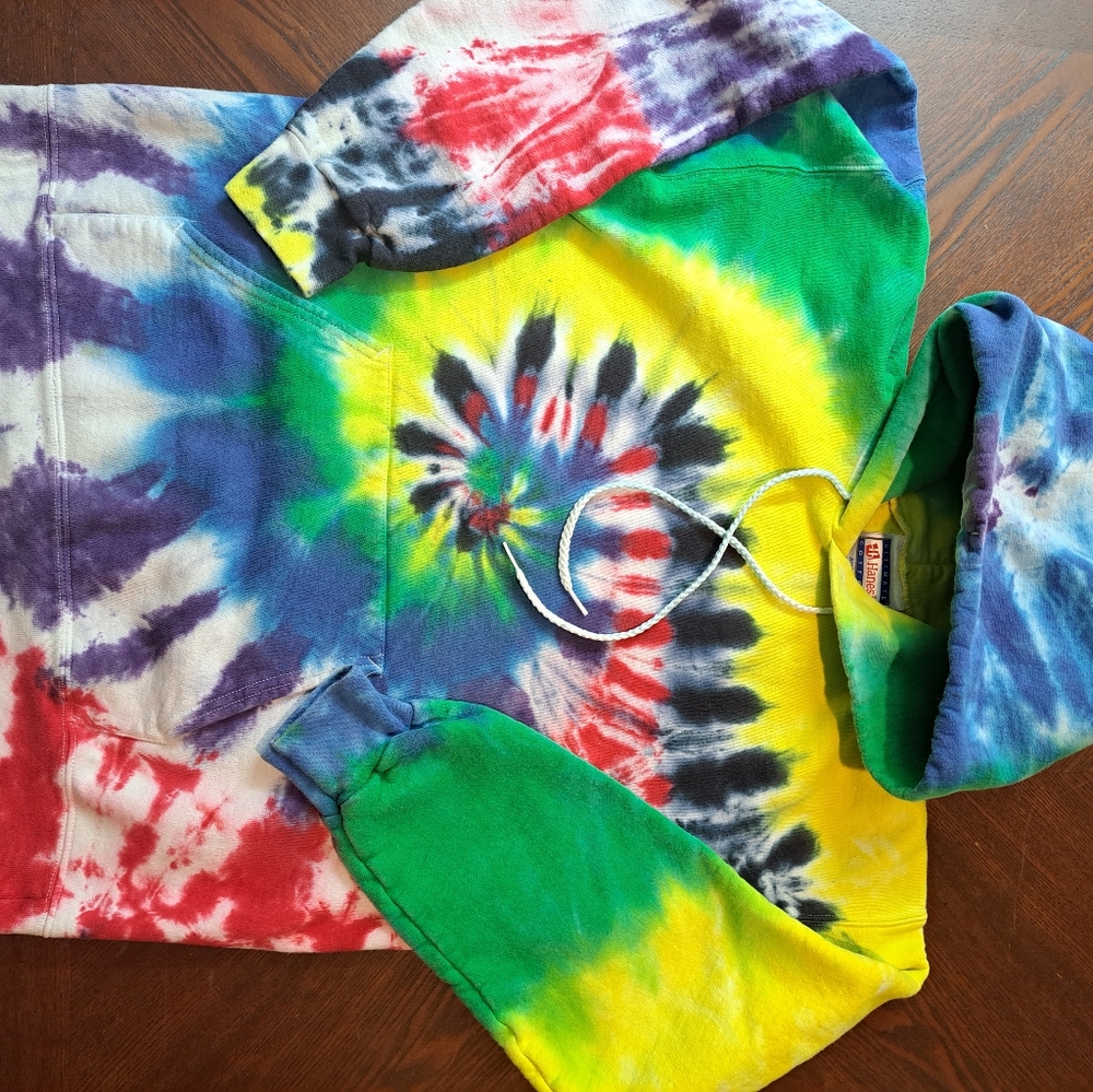 Vintage 90s HANES Ultimate Cotton Printpro Tye Dye‎ Hoodie Mens Size Small